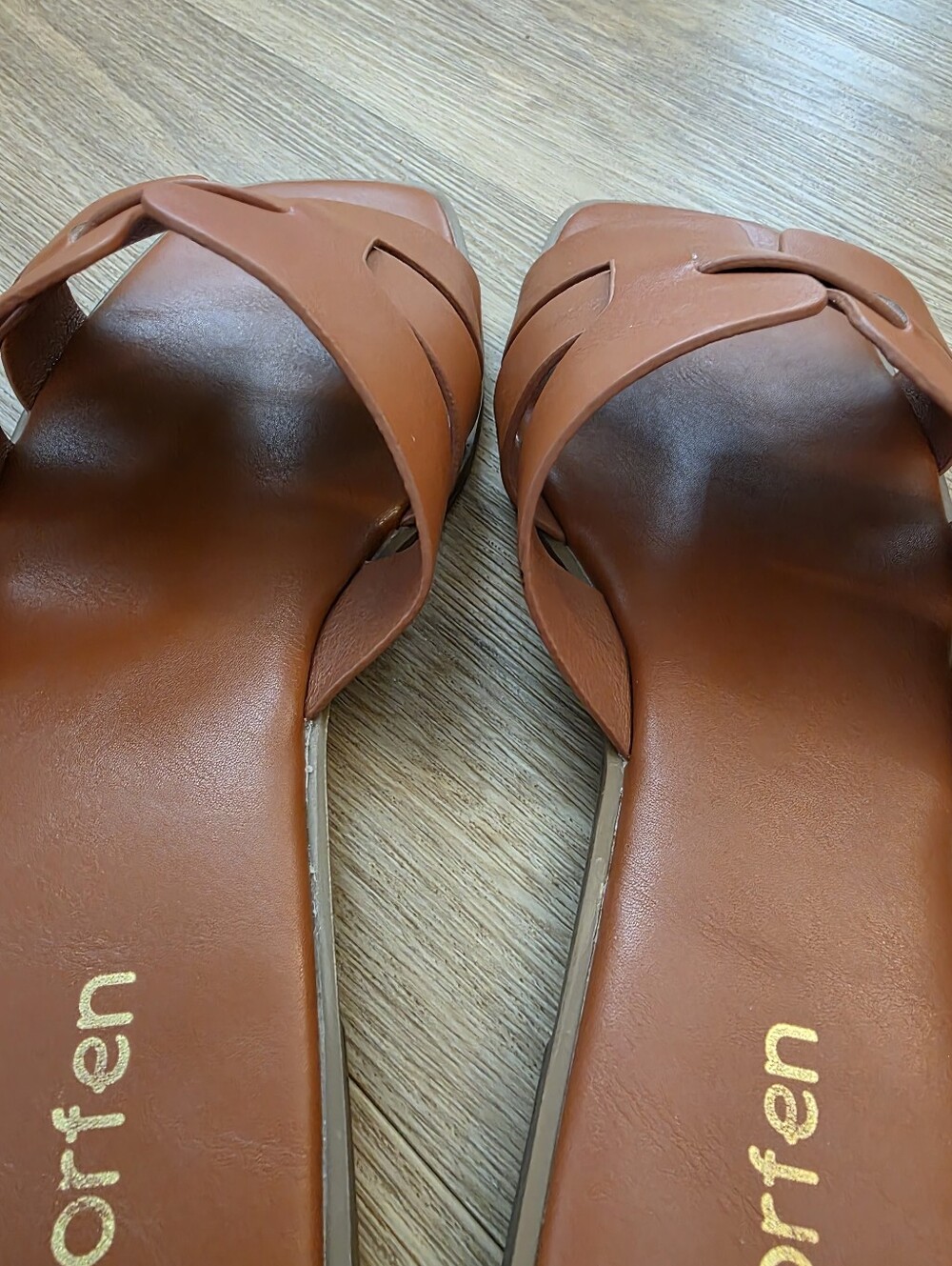 Gorfen Women's Tan Leather Slide Sandals - Classic Square Open-Toe Slip-On - Picture 4 of 8